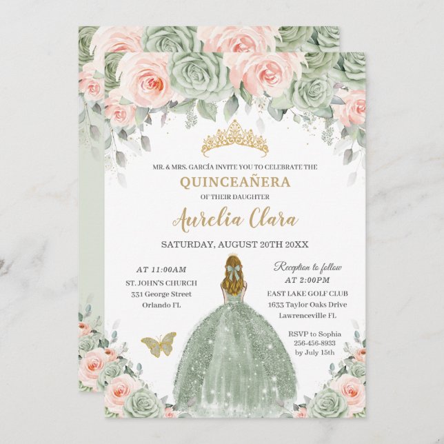 Chic Sage Green Blush Bloral Blonde Quinceañera Einladung (Vorne/Hinten)
