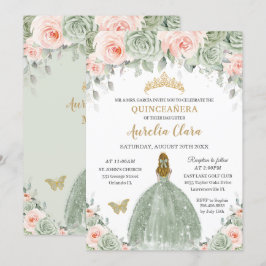 Chic Sage Green Blush Bloral Blonde Quinceañera Einladung