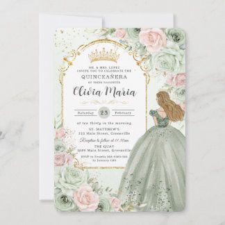 Chic Sage Green Blush Bloral Prinzessin Quinceañer Einladung