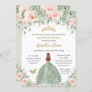 Chic Sage Green Blush Blumenhaar Quinceañera Einladung