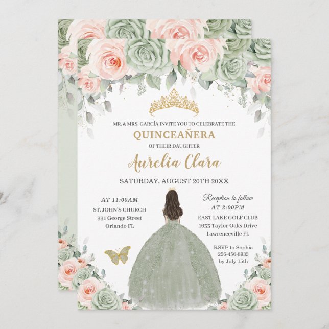 Chic Sage Green Blush Floral Gold Quinceañera XV Einladung (Vorne/Hinten)