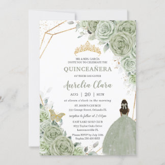 Chic Sage Green Floral Brown Prinzessin Quinceañer Einladung