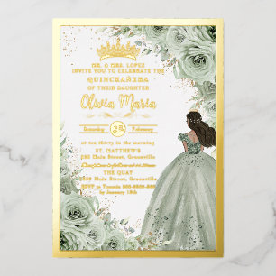 Chic Sage Green Floral Brown Prinzessin Quinceañer Folieneinladung