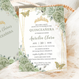Chic Sage Green Floral Butterfliegen Quinceañera Einladung