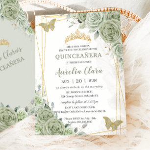 Chic Sage Green Floral Butterfliegen Quinceañera Einladung
