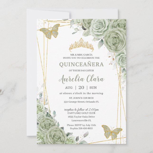 Chic Sage Green Floral Butterfliegen Quinceañera Einladung (Vorderseite)