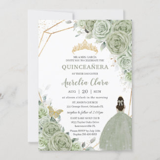 Chic Sage Green Floral Princess Gold Quinceañera Einladung