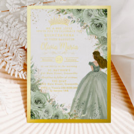 Chic Sage Green Floral Princess Gold Quinceañera Folieneinladung