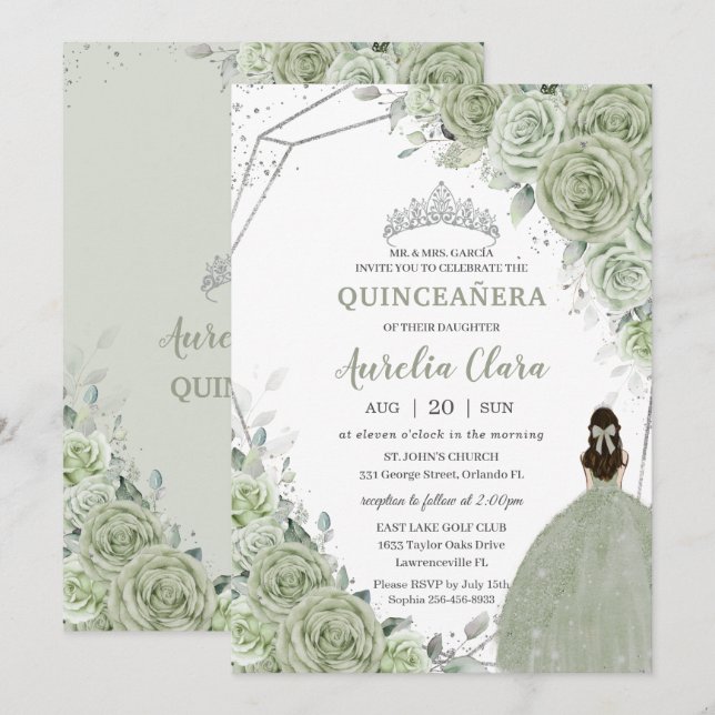 Chic Sage Green Floral Prinzessin Silver Quinceañe Einladung (Vorne/Hinten)