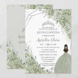 Chic Sage Green Floral Prinzessin Silver Quinceañe Einladung
