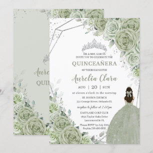 Chic Sage Green Floral Prinzessin Silver Quinceañe Einladung