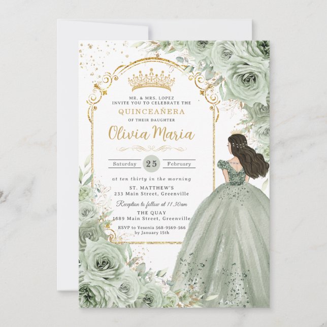 Chic Sage Green Floral Rose Princess Quinceañera Einladung (Vorderseite)