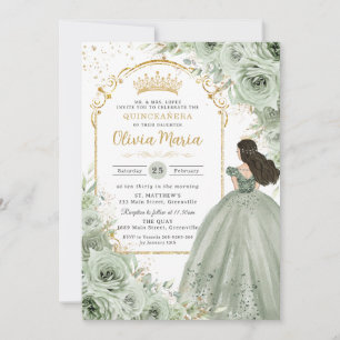 Chic Sage Green Floral Rose Princess Quinceañera Einladung