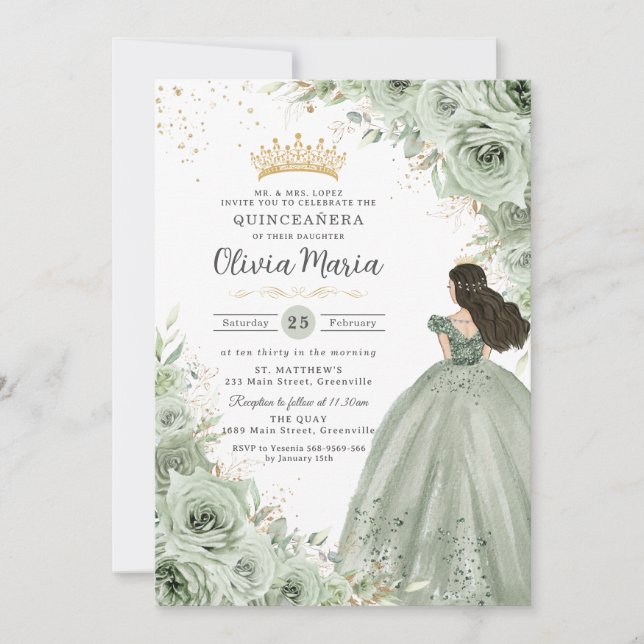 Chic Sage Green Floral Rose Princess Quinceañera Einladung (Vorderseite)