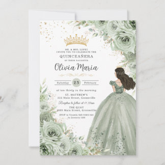 Chic Sage Green Floral Rose Princess Quinceañera Einladung