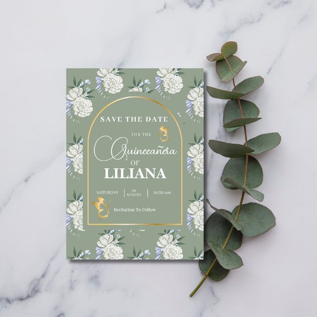Chic Sage Green Gold Arch Schmetterlinge Quinceañe Save The Date (Von Creator hochgeladen)