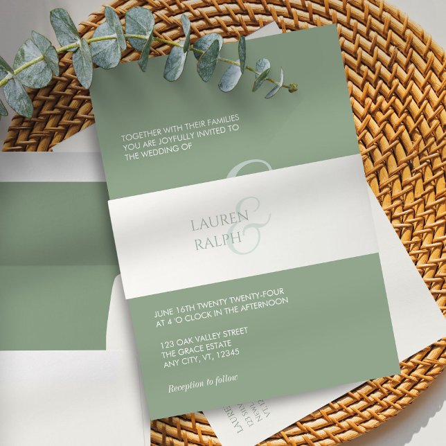 Chic Sage Green & Ivory Minimalistische Script Wed Einladungsbanderole (Von Creator hochgeladen)