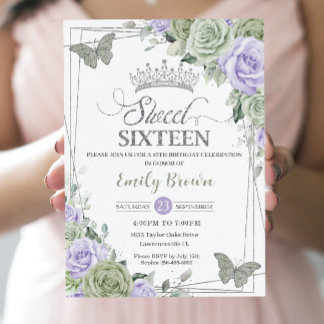 Chic Sage Green Lila Blütenschmetterlinge Sweet 16 Einladung