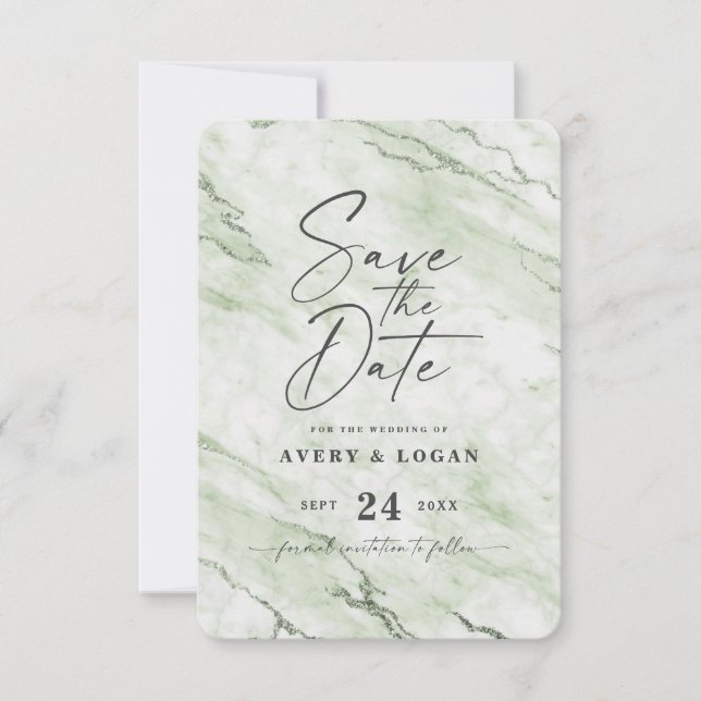 Chic Sage Green Marbour mit Juniper Foil Details Save The Date (Vorderseite)