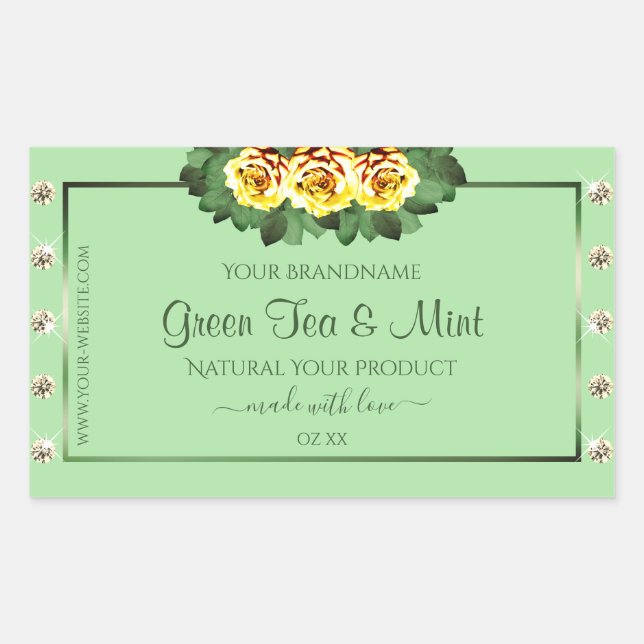 Chic Sage Green Product Labels Yellow Roses Juwele Rechteckiger Aufkleber (Vorderseite)