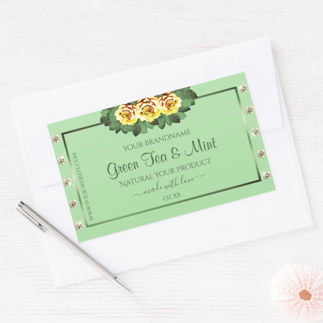 Chic Sage Green Product Labels Yellow Roses Juwele Rechteckiger Aufkleber (Umschlag)