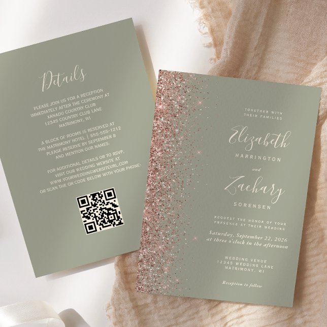Chic Sage Green Rose Gold Glitzer QR Code Hochzeit Einladung (Von Creator hochgeladen)