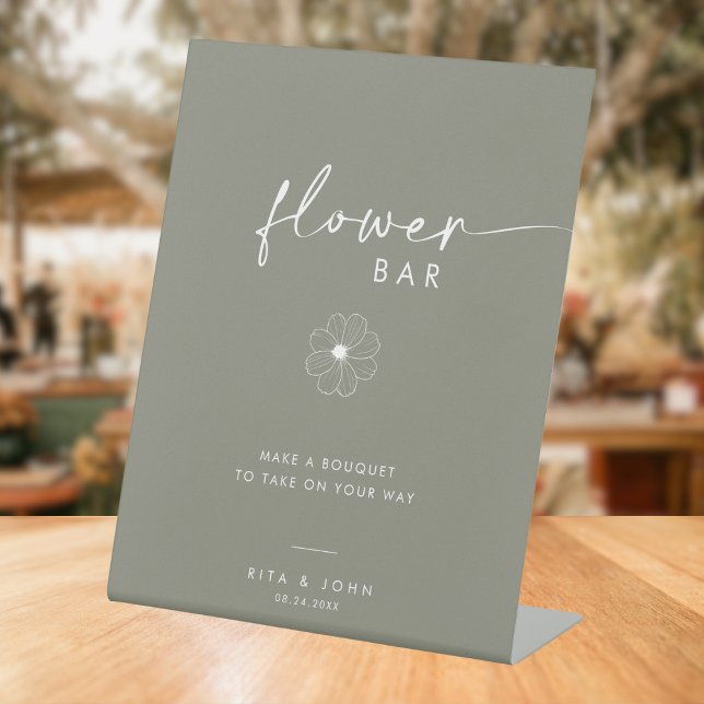 Chic Sage green Script Blume Bar Wedding Sign Sockelschild (Von Creator hochgeladen)