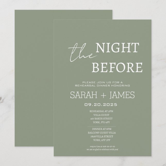 Chic Sage Green The Night Before Probe Dinner Einladung (Vorne/Hinten)