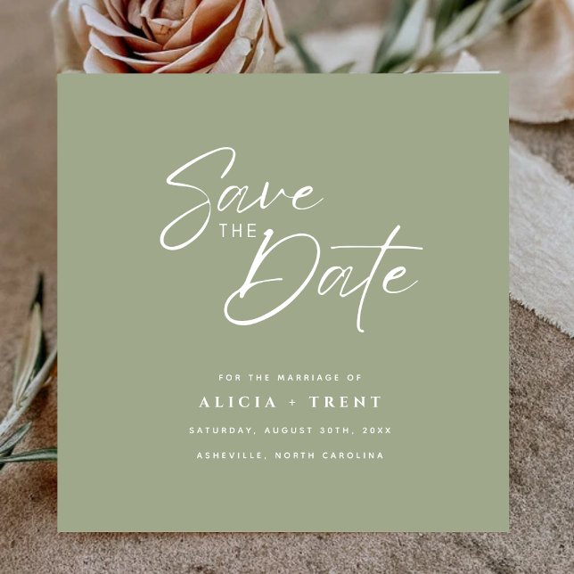Chic Sage Green & White Calligraphy Save the Date Einladung (Von Creator hochgeladen)
