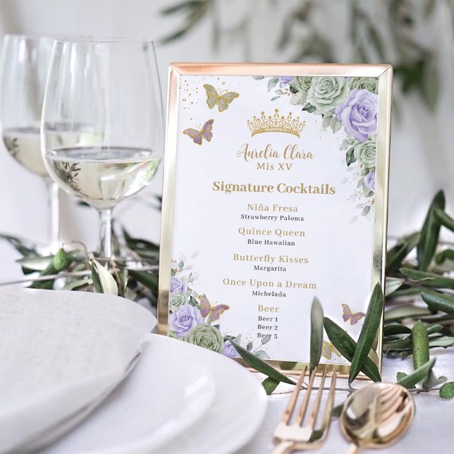 Chic Sage Lila Blumenkarte Quinceanera Bar Drink M Fotodruck (Von Creator hochgeladen)