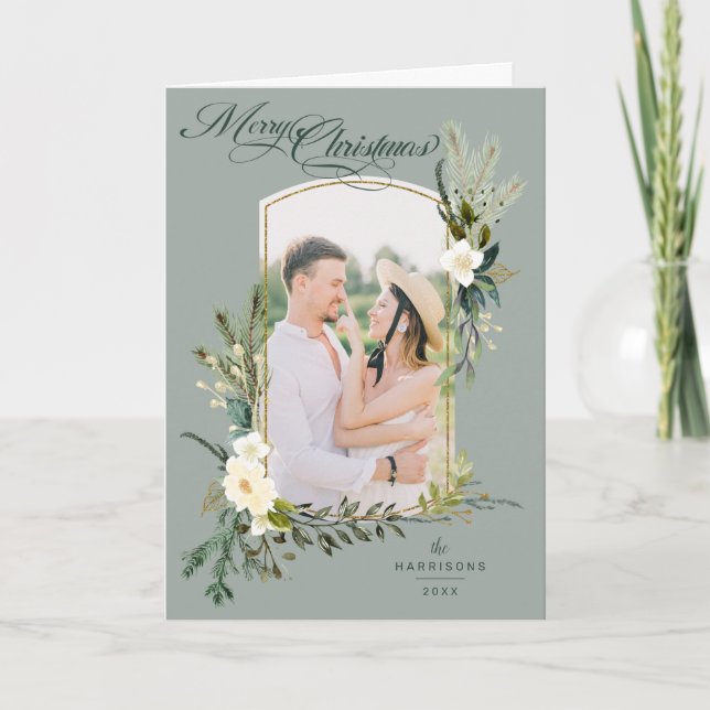 Chic Sage Weihnachten Botanisches Foto mit Gold (Vorderseite)