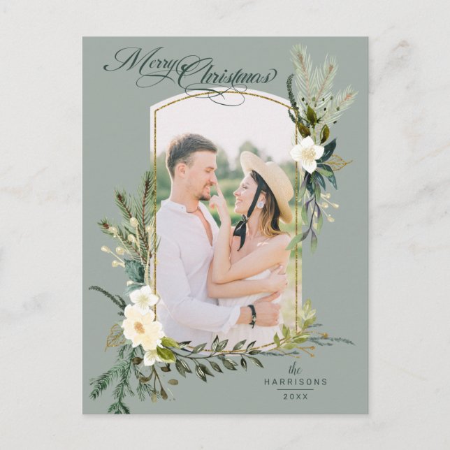 Chic Sage Weihnachten Botanisches Foto mit Gold Postkarte (Vorderseite)