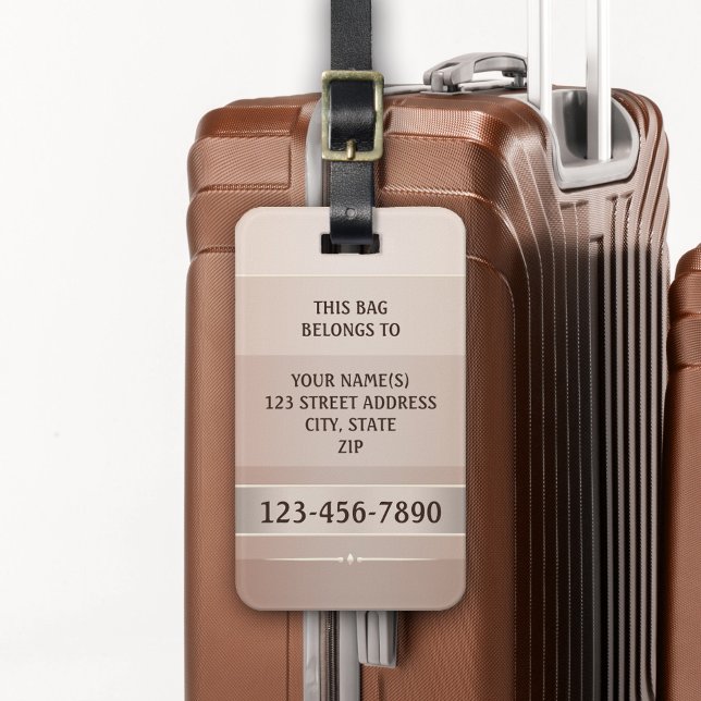 Chic Sandy Chocolate Strip Gepäckmarke Gepäckanhänger (Luggage tag featuring an chic striped design in chocolate and shiny sandy grey colors)