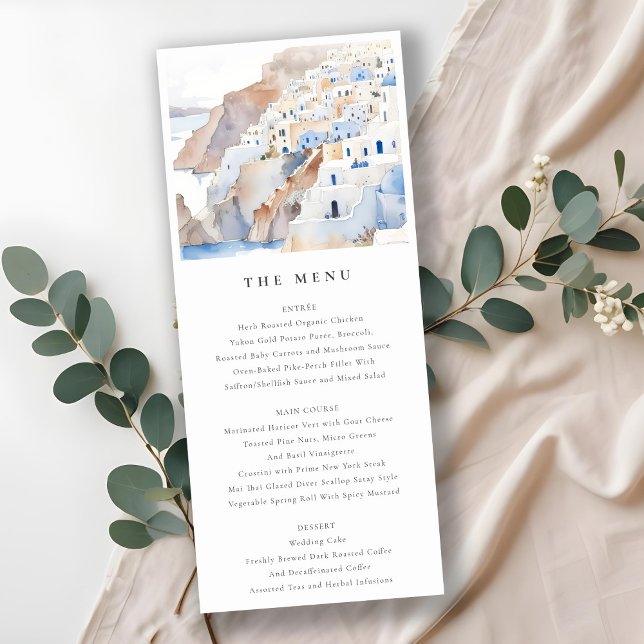 Chic Santorini Greece Watercolor Wedding Menu Card Einladung (Von Creator hochgeladen)