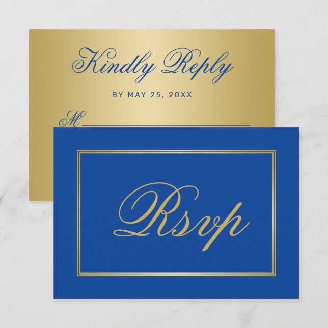 Chic Sapphire Blue Gold Script Calligrafy Wedding RSVP Karte (Vorne/Hinten)