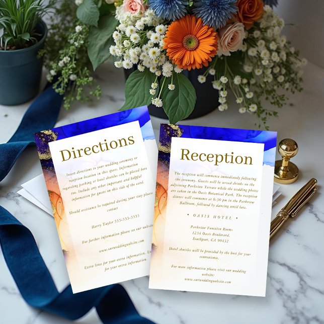 Chic Sapphire Blue Orange Gold Wedding Begleitkarte (Chic Sapphire Blue Orange Gold Wedding Enclosure Card.)