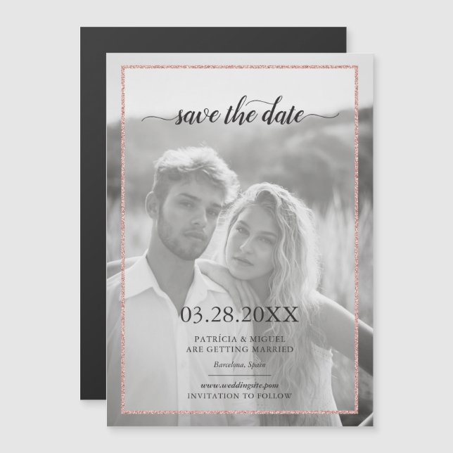 Chic Save the Date Rose Gold Glitzer Look Foto Magneteinladung (Vorne/Hinten)