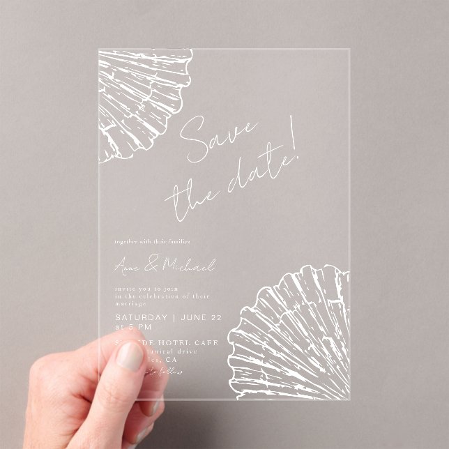 Chic Scallop Shell Save The Date Elegant Wedding Acryleinladungen (Insitu (Handheld))