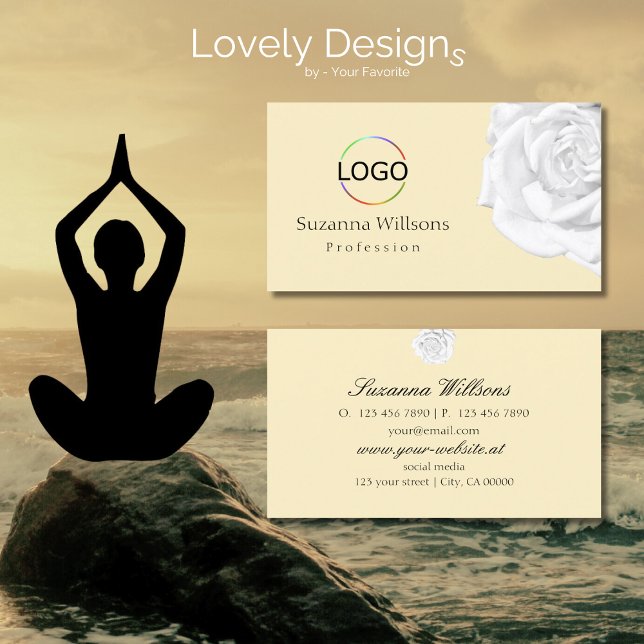 Chic Schlicht Peach Beige Weiße Rose mit einfachem Visitenkarte (Von Creator hochgeladen)