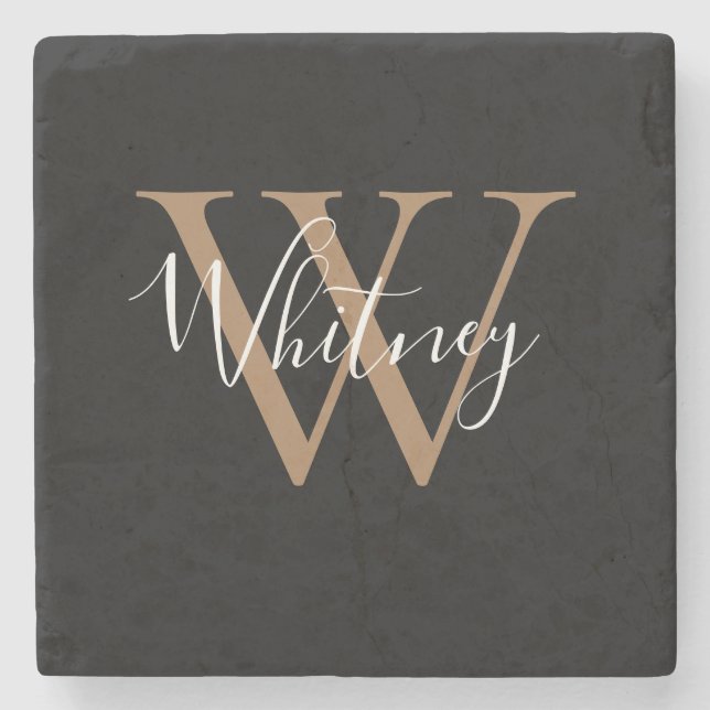 Chic Schrift Name Monogramm Schwarz Gold  Steinuntersetzer (Vorderseite)