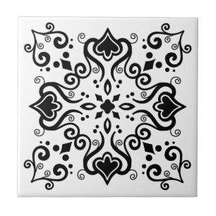 Chic Schwarz-weiß Azulejo Style Pattern A01b Fliese