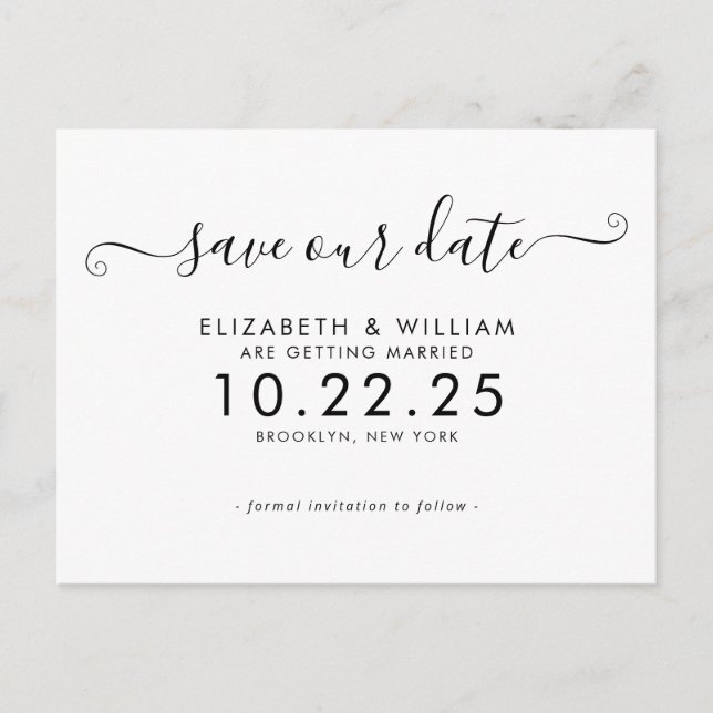 Chic Schwarz-weiß Calligrafy Wedding Save the Date Einladungspostkarte (Vorderseite)