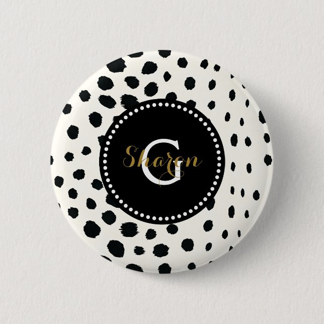 Chic Schwarz-weiß Cheetah Printmuster Monogramm Button (Vorderseite)