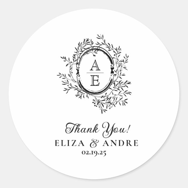 Chic Schwarz-weiß Custom Monogram Wedding Sticker (Vorderseite)