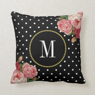 Chic Schwarz-weiß Dots Vintag Floral Monogramm Kissen