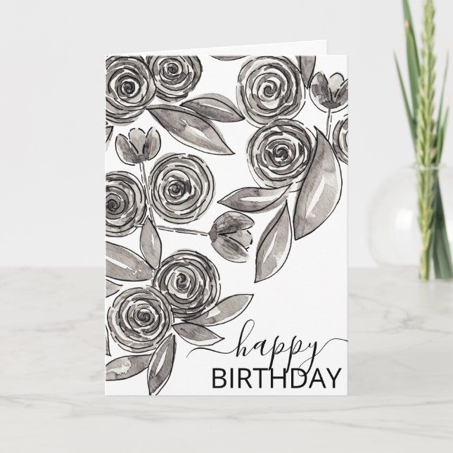 Chic Schwarz-weiß Floral Watercolor Happy Birthday Karte (Vorderseite)