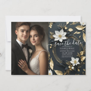 Chic Schwarz-weiß Gold Floral Wreath Wedding Foto Save The Date