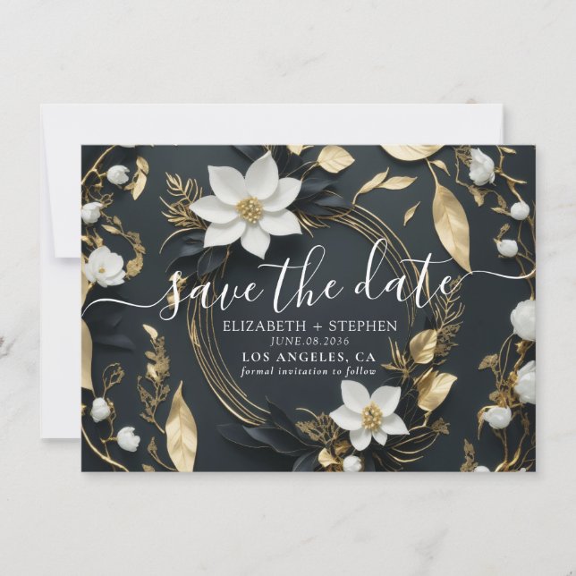 Chic Schwarz-weiß Gold Floral Wreath Wedding Foto Save The Date (Vorderseite)