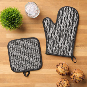 Chic Schwarz-weiß Grau Abstrakte Zickzack Kunst, D Ofenhandschuh & Topflappen-Set