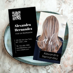 Chic Schwarz-weiß Hair Makeup Foto Initial Qr Code Visitenkarte